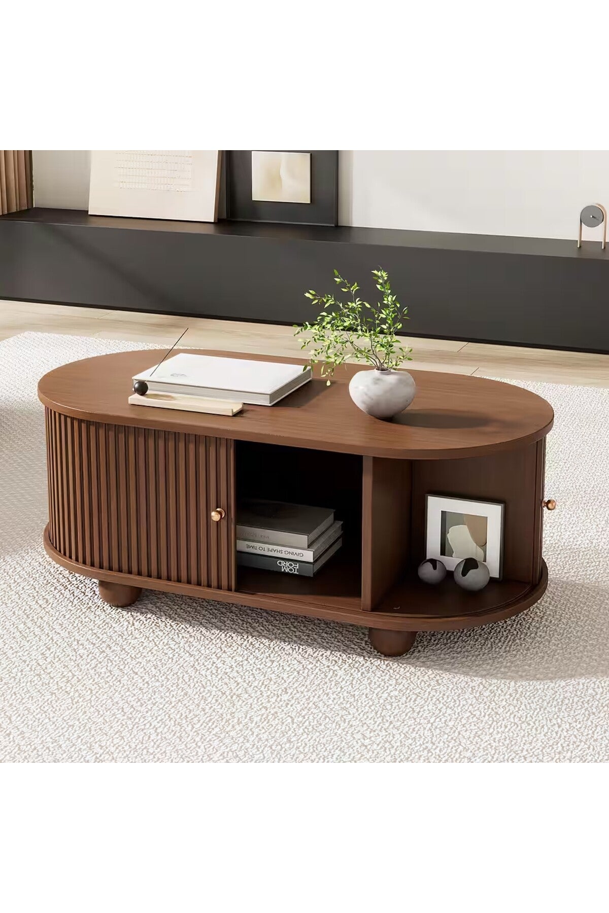 MODERN CEVİZ LAMBRI DETAYLI OVAL ORTA SEHPA VE TV ÜNİTESİ SETİ
