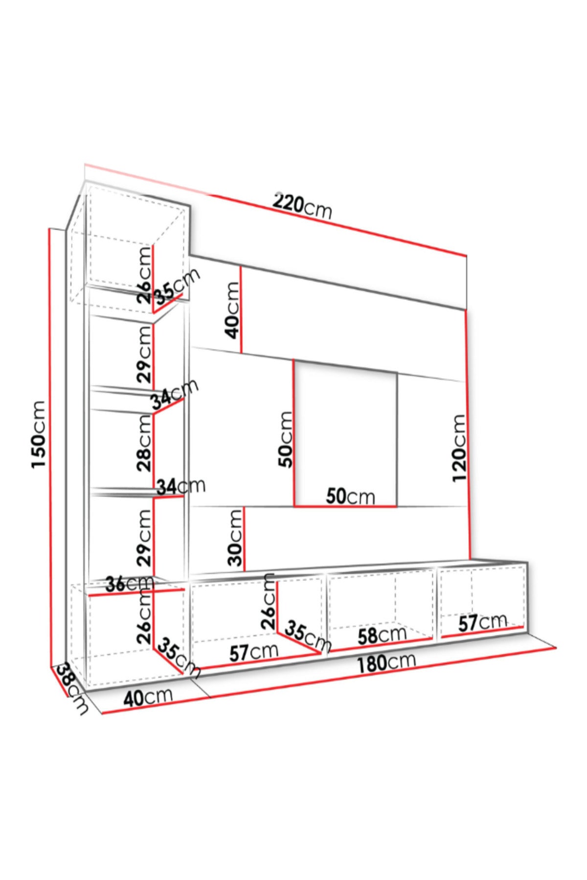 Hernest A KALİTE 220 CM MODERN TV ÜNİTESİ BEYAZ MERMER DESEN PUSH TO OPEN DUVAR RAFLI ŞIK TASARIM
