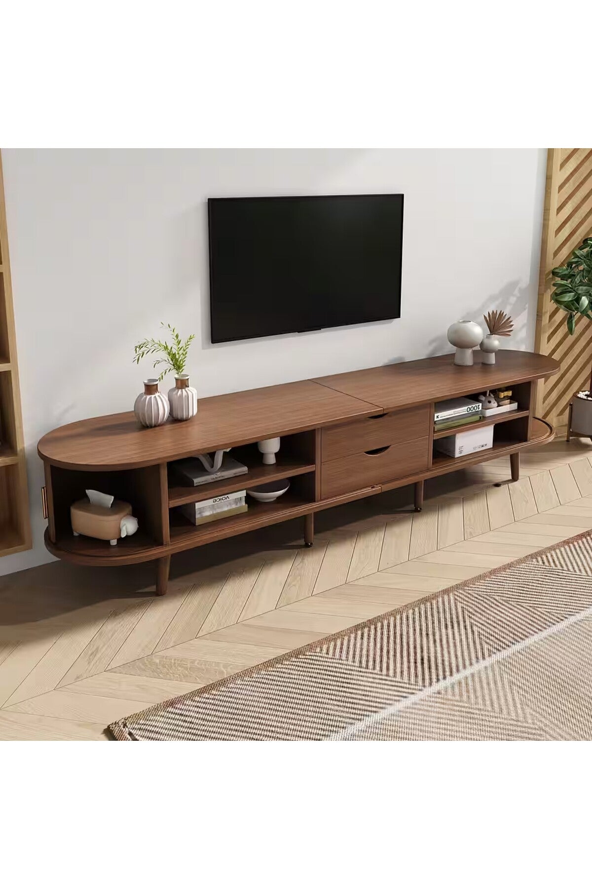 MODERN CEVİZ LAMBRI DETAYLI OVAL ORTA SEHPA VE TV ÜNİTESİ SETİ