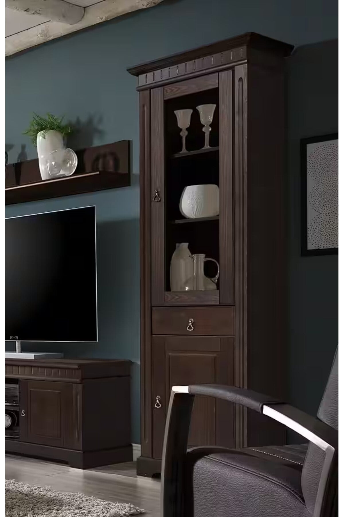 KLASIK AVANGART KOYU CEVIZ TV ÜNITESI SETI - 2 ADET CAMLI VITRIN VE DUVAR RAFLI KOMPLE SALON TAKIMI