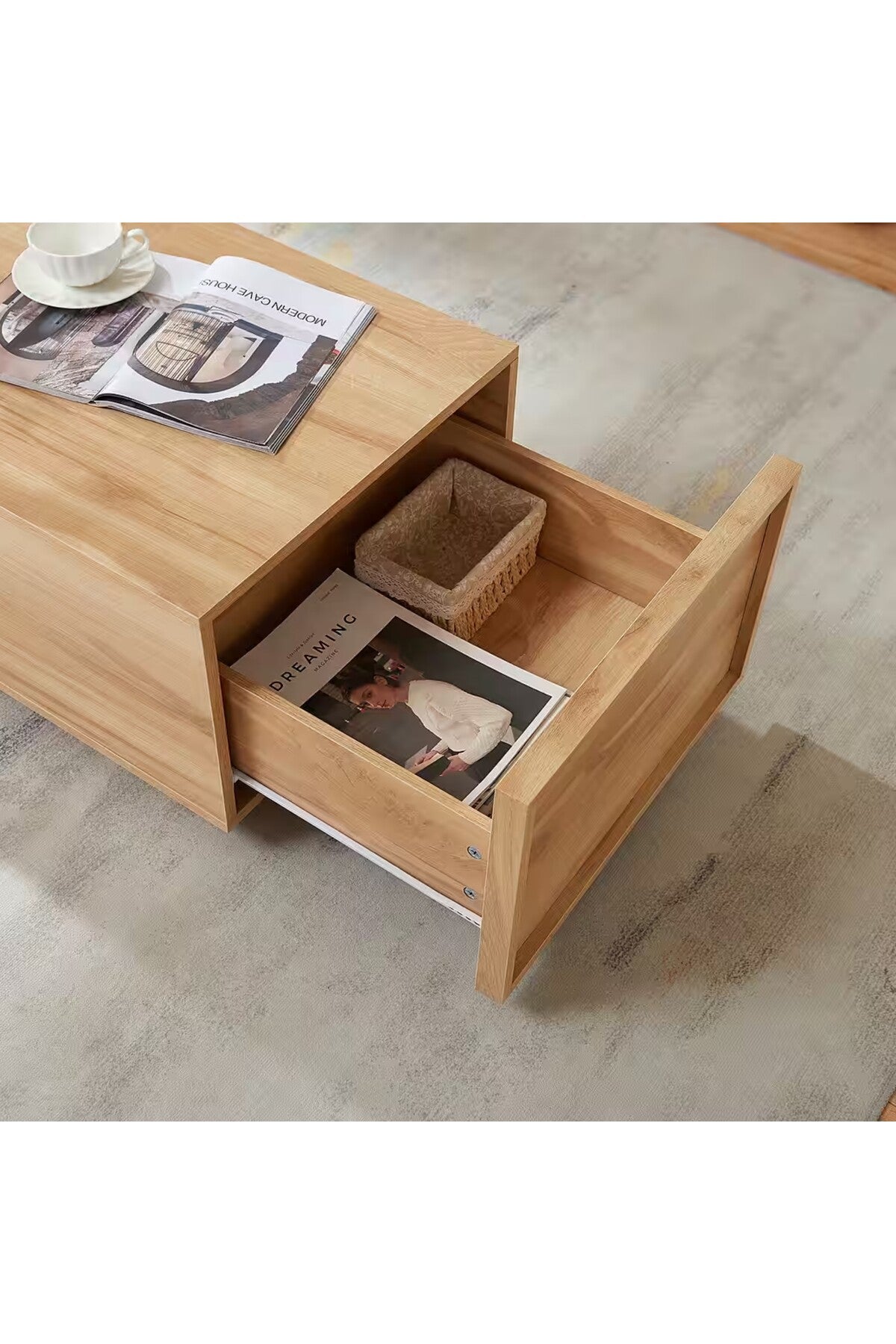 ÇEKMECELI ORTA SEHPA – MODERN AHŞAP DEPOLAMA ALANLI SALON SEHPASI | MINIMAL TASARIM 104X50 CM