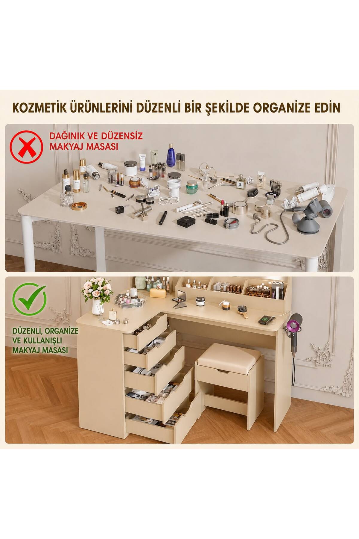 Hernest LED Aynalı Makyaj Masası ve Puf Seti, 6 Çekmeceli Raflı Düzenleyici