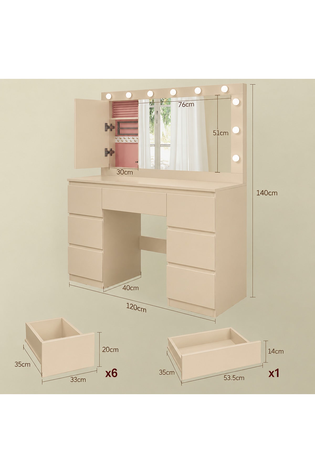 Hernest LED Işıklı Aynalı Makyaj Masası Takı Dolaplı 7 Çekmeceli Modern Şifonyer Beyaz 120 cm