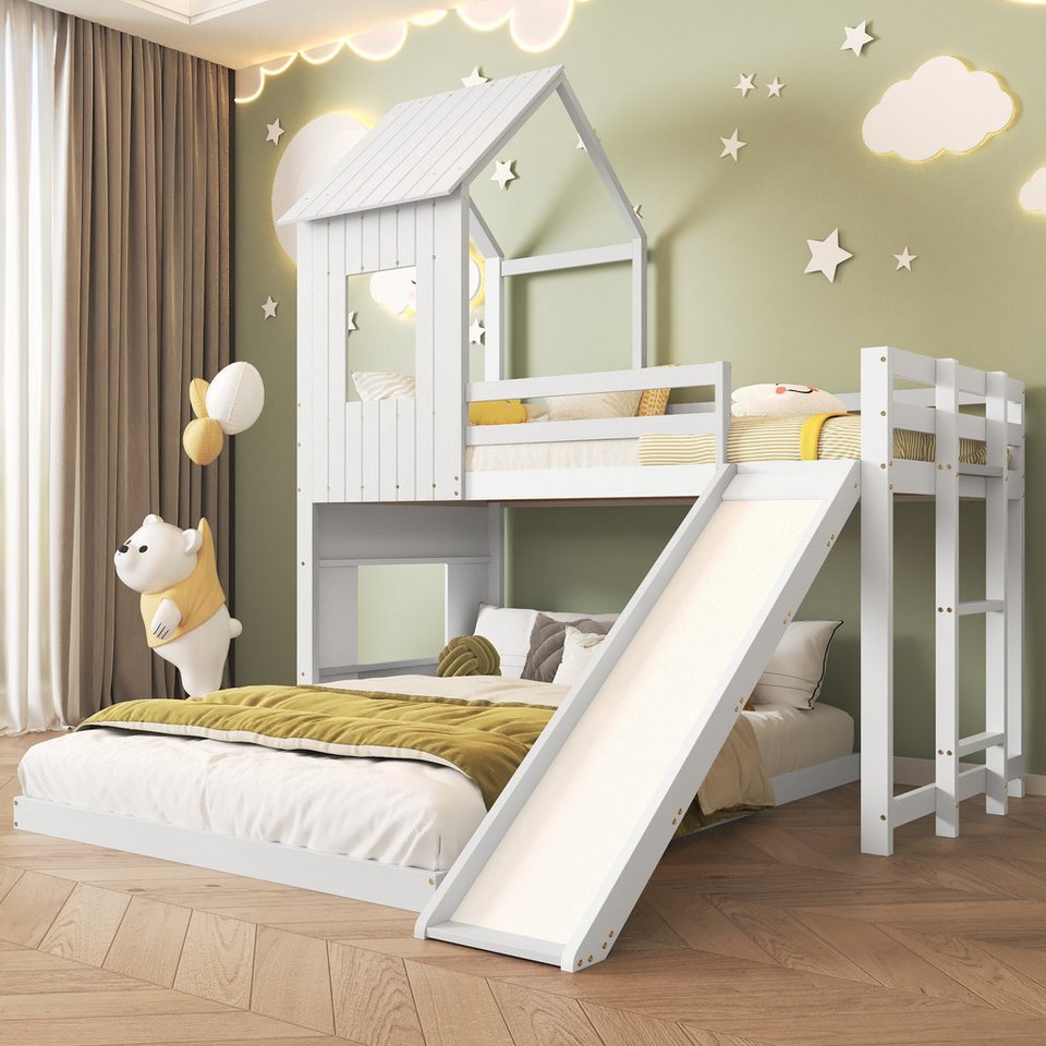 Flieks ranza, ev yatağı çocuk yatağı 90/140x200cm kaydıraklı, merdivenli, düşmeye karşı koruma ızgaralı