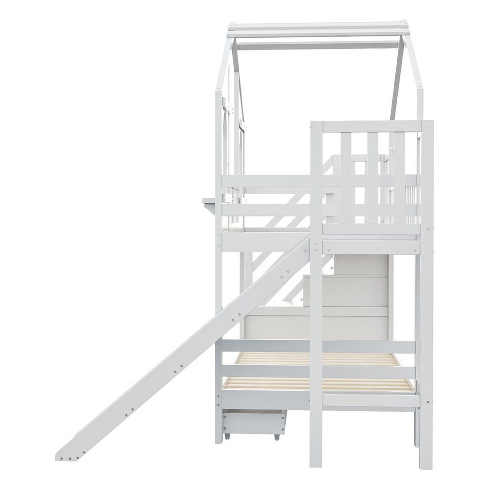 Flieks ranza, çocuk yatağı ev yatağı 90x200cm, saklama merdivenli, kaydıraklı, 2 çekmeceli