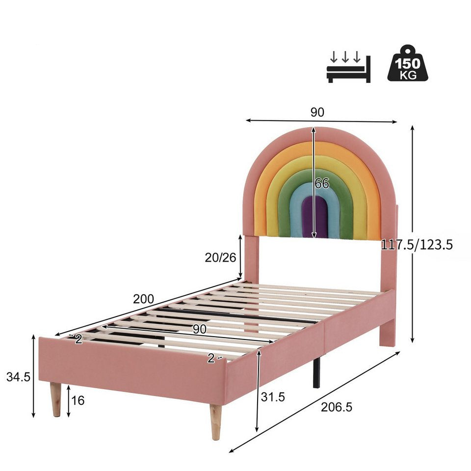 Flieks döşemeli yatak, ayarlanabilir gökkuşağı başlıklı çocuk yatağı 90x200cm kadife