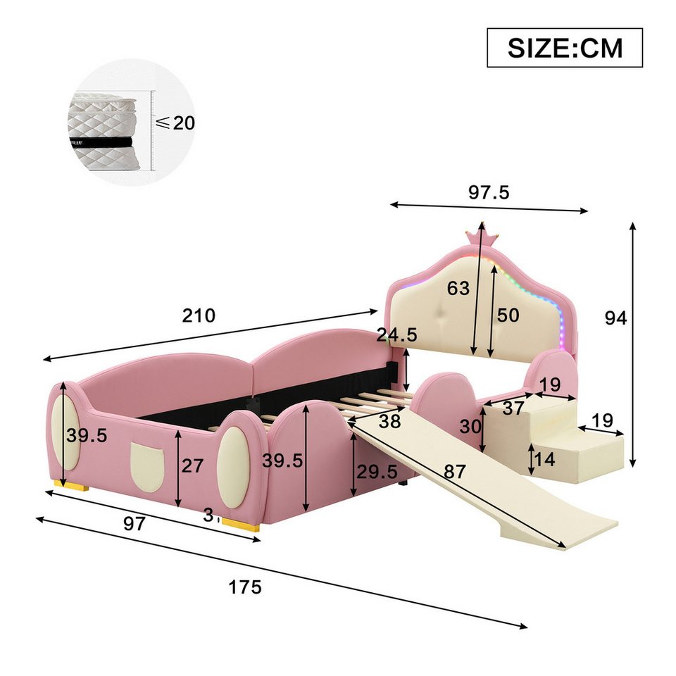 Flieks döşemeli yatak, LED aydınlatmalı çocuk yatağı kaydırağı/merdiven 90x200cm suni deri