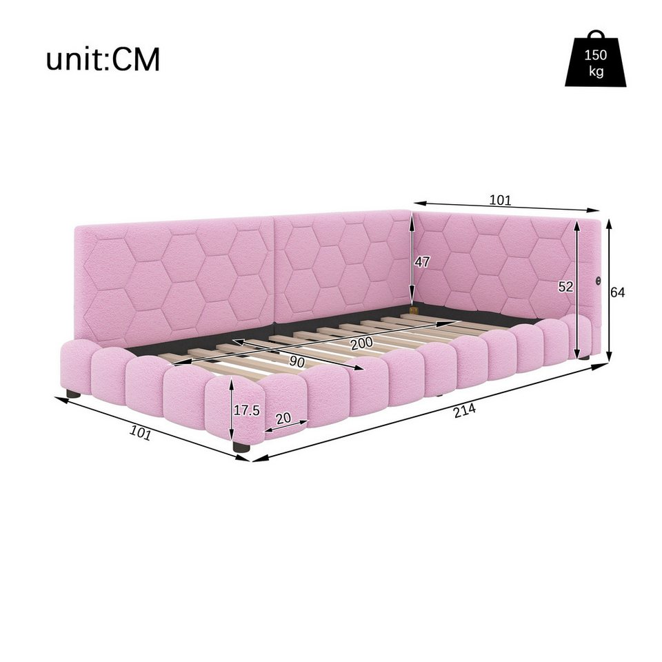 Flieks döşemeli yatak, LED tek kişilik yatak divan kadife 90x200cm USB portlu