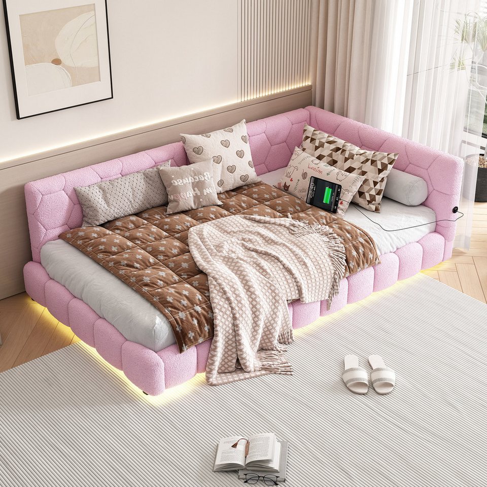 Flieks döşemeli yatak, LED tek kişilik yatak divan kadife 90x200cm USB portlu