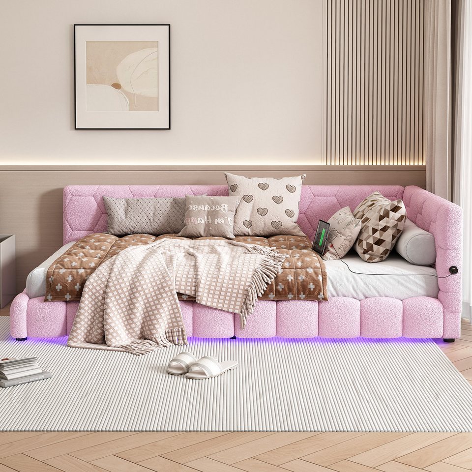 Flieks döşemeli yatak, LED tek kişilik yatak divan kadife 90x200cm USB portlu