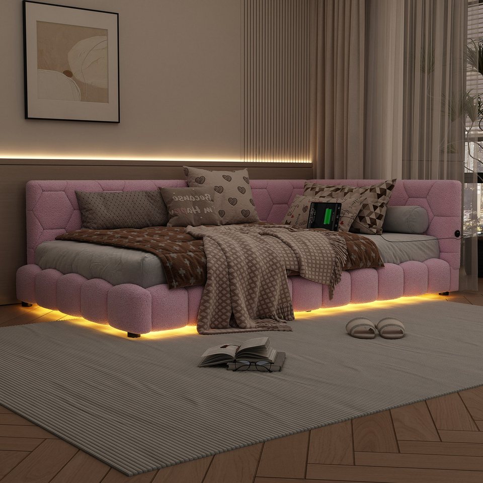 Flieks döşemeli yatak, LED tek kişilik yatak divan kadife 90x200cm USB portlu