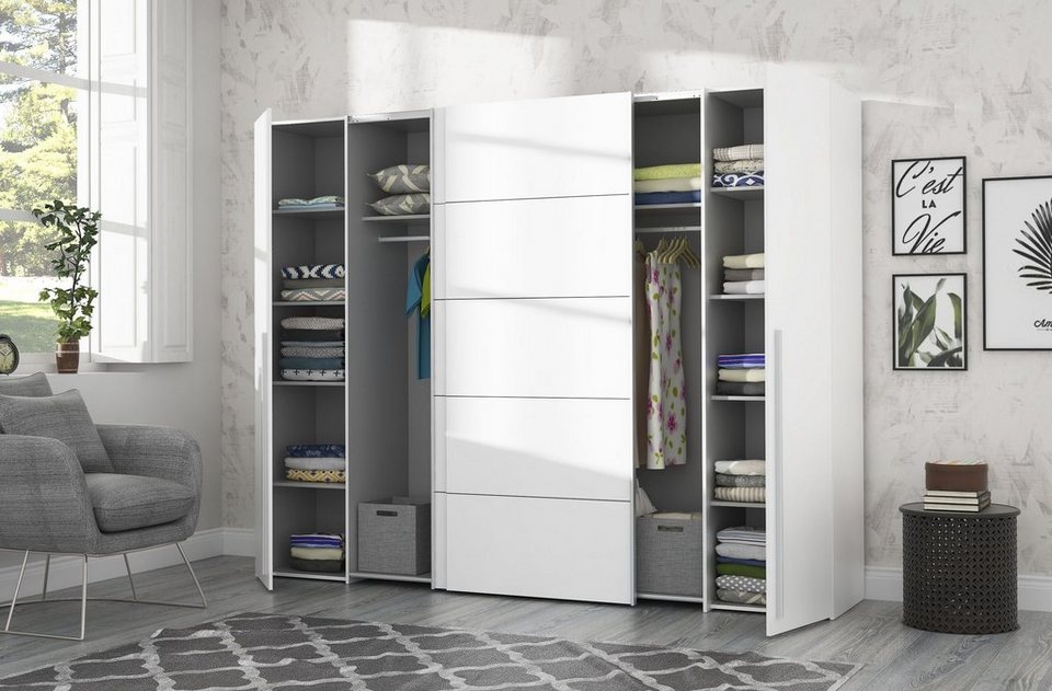 FORTE Narago gardırop, kombinasyon gardırop, modern tasarım (G/Y/D yaklaşık 270/210/61cm, aynı zamanda premium özelliklerle) sürgülü kapı ve yan döner kapı kombinasyonu, Avrupa Yapımı