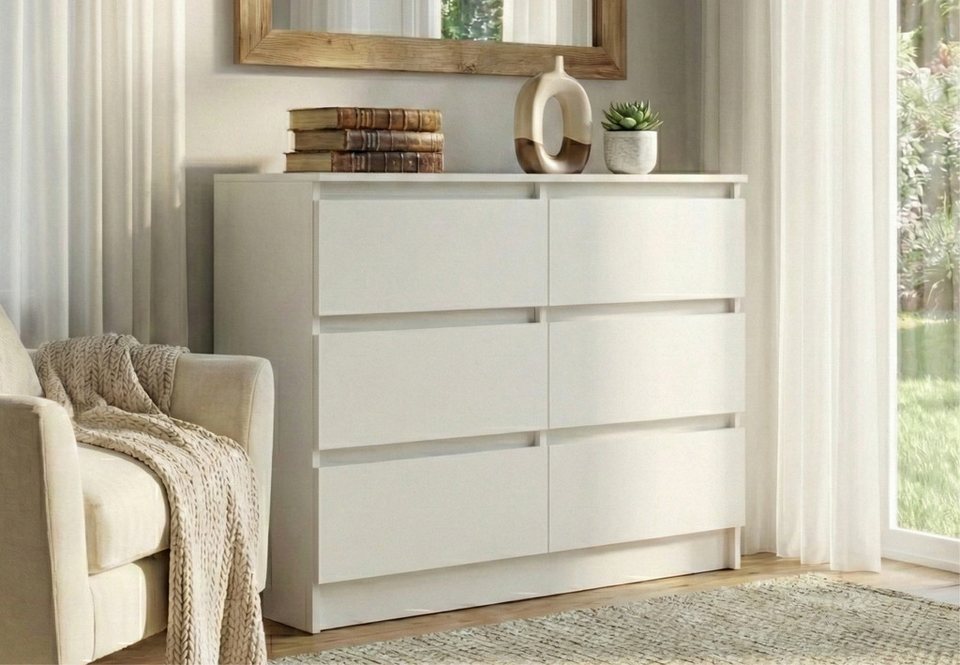 Kollektif 6 çekmeceli şifonyer 95, 120, 140, 160 cm genişliğinde ahşap dolap (yüksek dolaplı büfe yatak odası oturma odası koridor ofis organizatörü), şifonyer 95 cm genişliğinde şifonyer büfe, beyaz