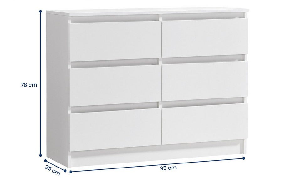 Kollektif 6 çekmeceli şifonyer 95, 120, 140, 160 cm genişliğinde ahşap dolap (yüksek dolaplı büfe yatak odası oturma odası koridor ofis organizatörü), şifonyer 95 cm genişliğinde şifonyer büfe, beyaz
