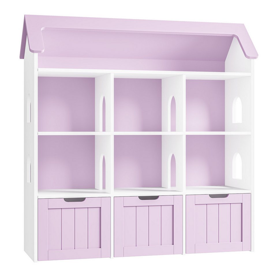 Homfa ev şeklinde 3 adet tekerlekli oyuncak kutulu çocuk rafı, 7 açık bölmeli oyuncak rafı oyuncak sandığı 117x120x30cm beyaz