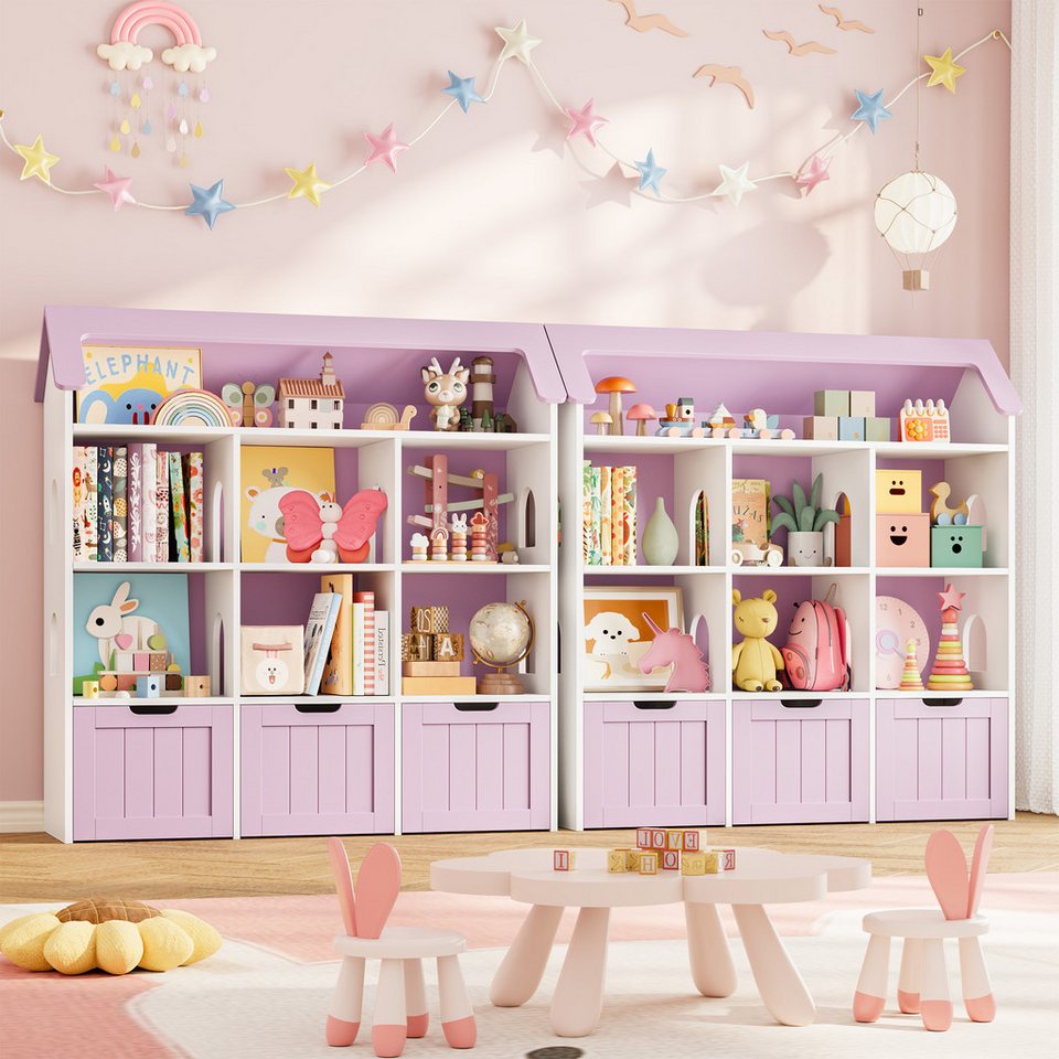 Homfa ev şeklinde 3 adet tekerlekli oyuncak kutulu çocuk rafı, 7 açık bölmeli oyuncak rafı oyuncak sandığı 117x120x30cm beyaz