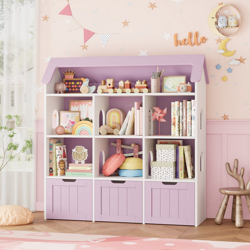 Homfa ev şeklinde 3 adet tekerlekli oyuncak kutulu çocuk rafı, 7 açık bölmeli oyuncak rafı oyuncak sandığı 117x120x30cm beyaz