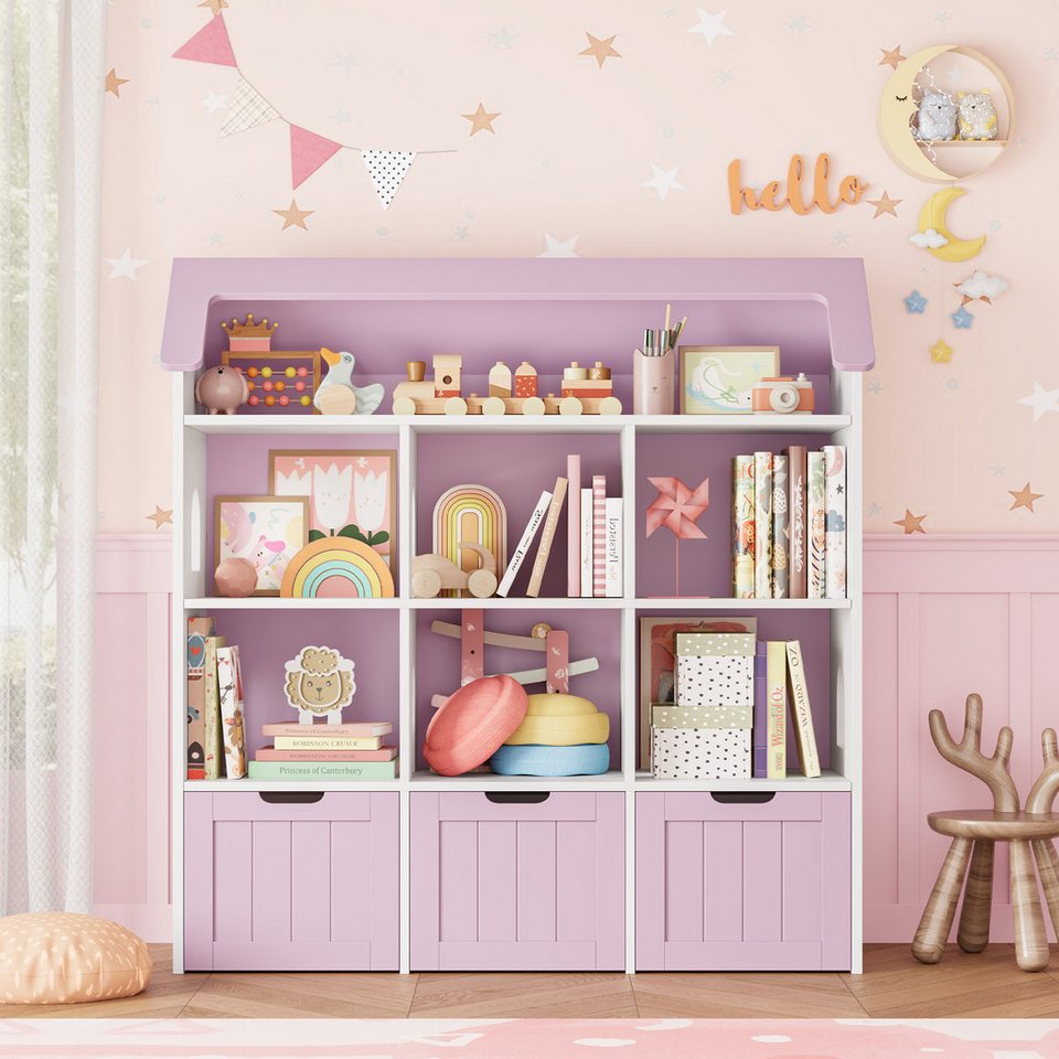 Homfa ev şeklinde 3 adet tekerlekli oyuncak kutulu çocuk rafı, 7 açık bölmeli oyuncak rafı oyuncak sandığı 117x120x30cm beyaz