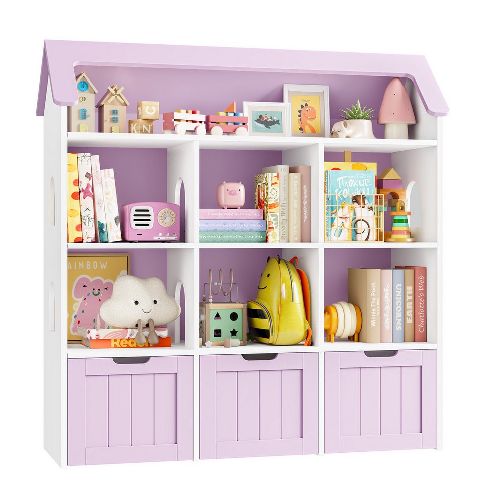 Homfa ev şeklinde 3 adet tekerlekli oyuncak kutulu çocuk rafı, 7 açık bölmeli oyuncak rafı oyuncak sandığı 117x120x30cm beyaz