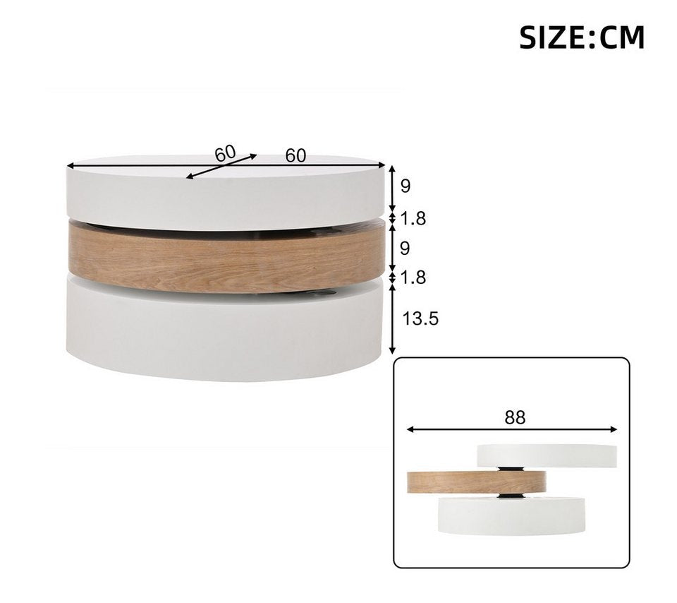 Merax orta sehpa döner kanepe beyaz & ahşap görünümlü silindirik yan sehpa (sehpa, 1 parça, 60 x 60 x 35,1 cm), 3 seviyeli oturma odası masası, saklama alanı ve 360° dönebilme fonksiyonu