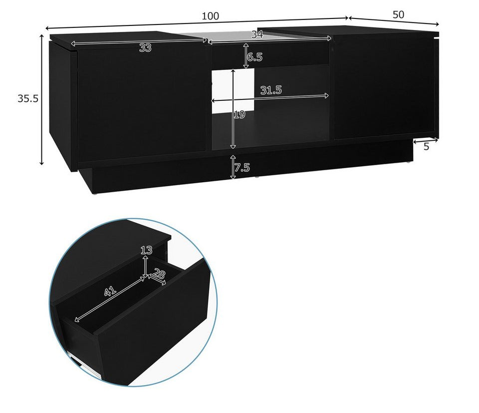 Merax LED aydınlatmalı ve cam tablalı orta sehpa (100*50*35,5cm, 1 adet), oturma masası, yan sehpa, çekmeceli ve açık bölmeli oturma odası masası