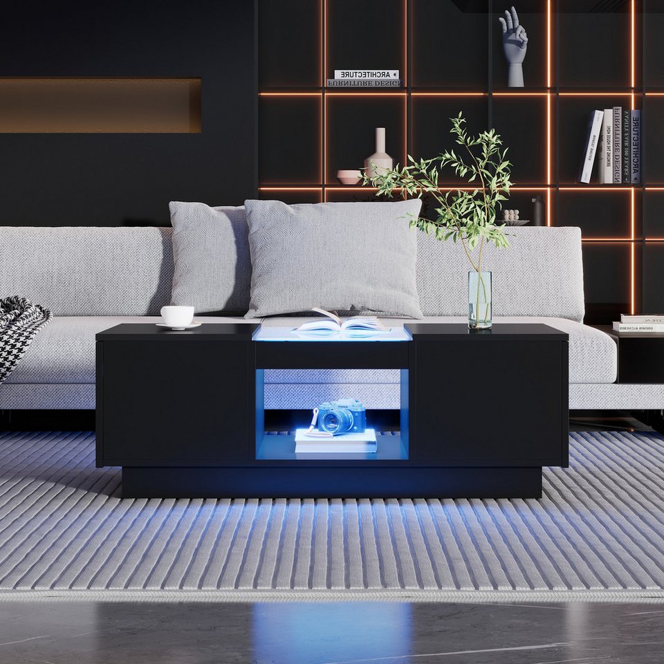 Merax LED aydınlatmalı ve cam tablalı orta sehpa (100*50*35,5cm, 1 adet), oturma masası, yan sehpa, çekmeceli ve açık bölmeli oturma odası masası