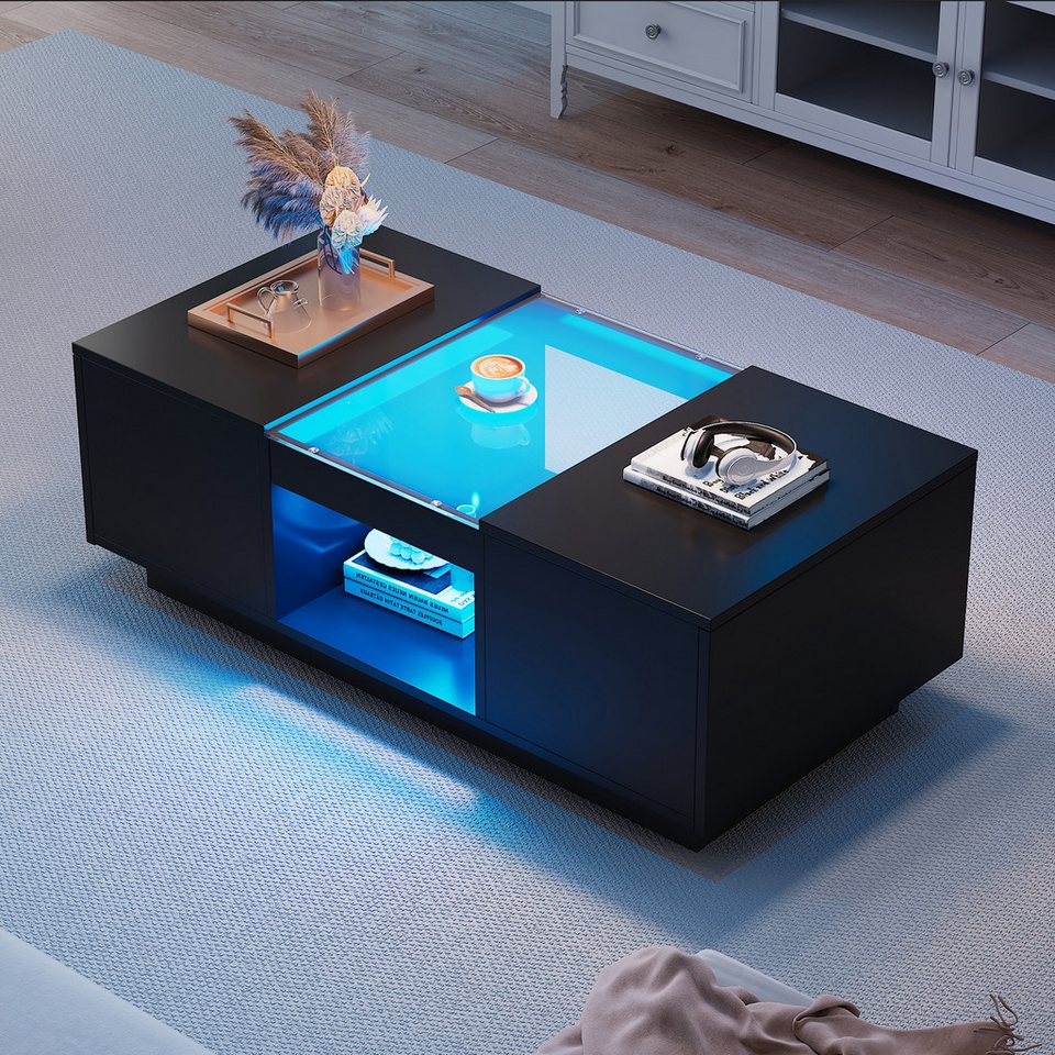 Merax LED aydınlatmalı ve cam tablalı orta sehpa (100*50*35,5cm, 1 adet), oturma masası, yan sehpa, çekmeceli ve açık bölmeli oturma odası masası