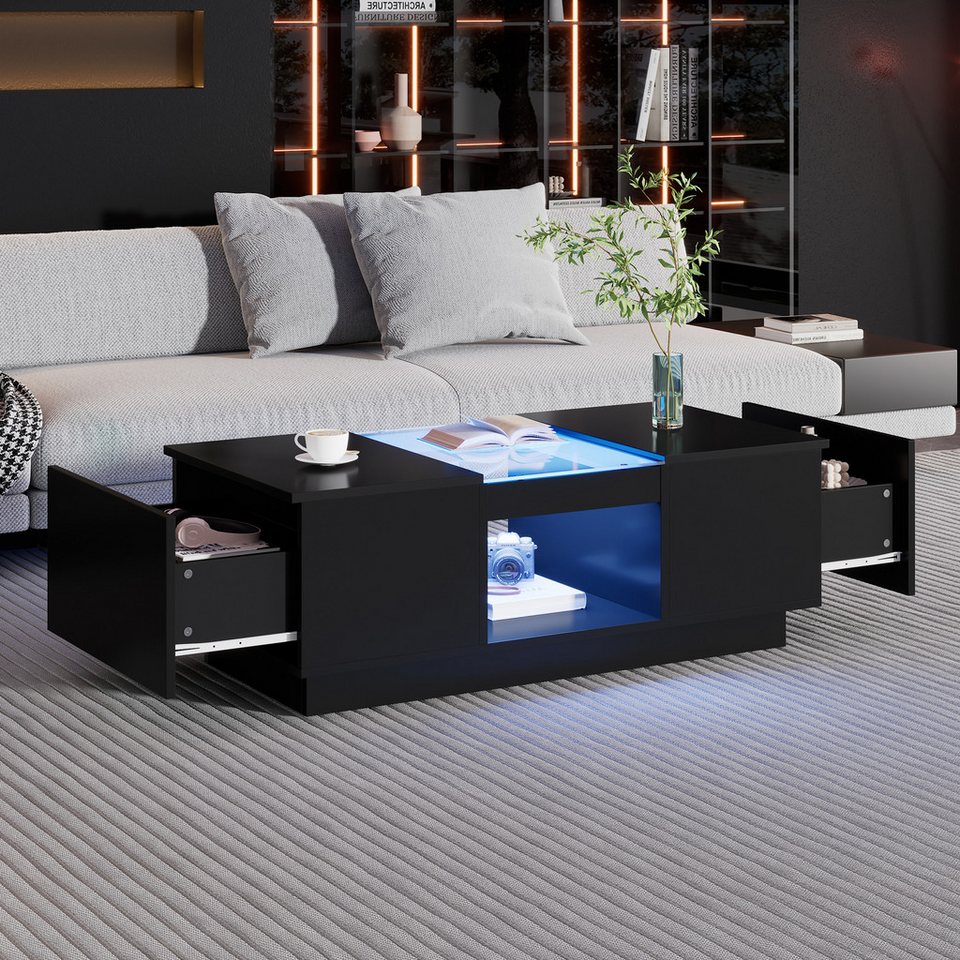 Merax LED aydınlatmalı ve cam tablalı orta sehpa (100*50*35,5cm, 1 adet), oturma masası, yan sehpa, çekmeceli ve açık bölmeli oturma odası masası