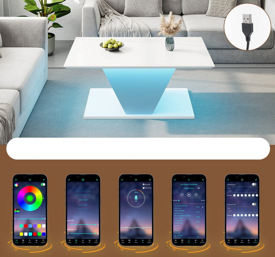 Merax sehpa V şekilli kanepe LED aydınlatmalı yan sehpa (1 adet), oturma odası masası Parlak yüzeyli Scandi sehpa, 100x50x46cm