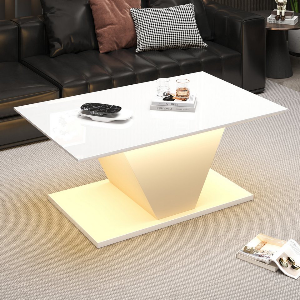 Merax sehpa V şekilli kanepe LED aydınlatmalı yan sehpa (1 adet), oturma odası masası Parlak yüzeyli Scandi sehpa, 100x50x46cm