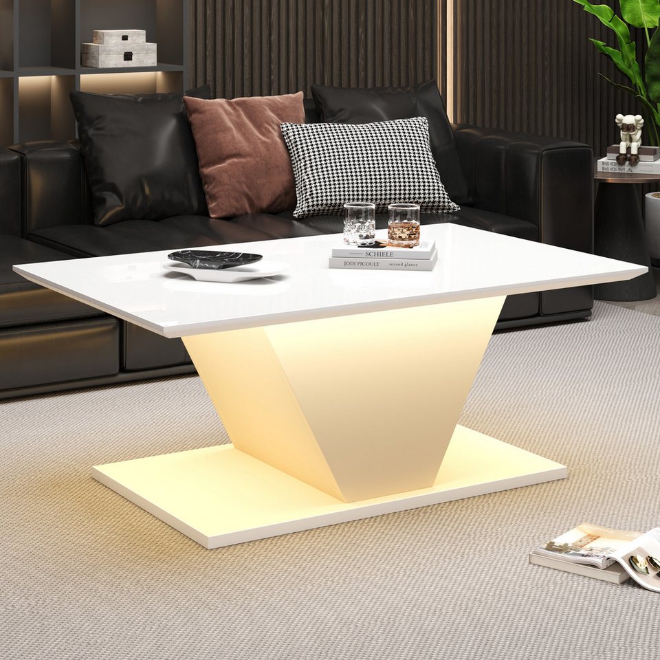Merax sehpa V şekilli kanepe LED aydınlatmalı yan sehpa (1 adet), oturma odası masası Parlak yüzeyli Scandi sehpa, 100x50x46cm