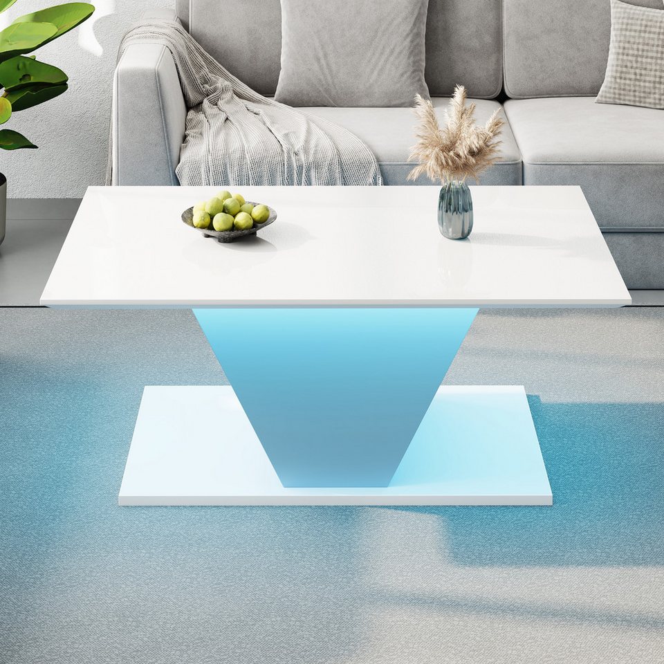 Merax sehpa V şekilli kanepe LED aydınlatmalı yan sehpa (1 adet), oturma odası masası Parlak yüzeyli Scandi sehpa, 100x50x46cm