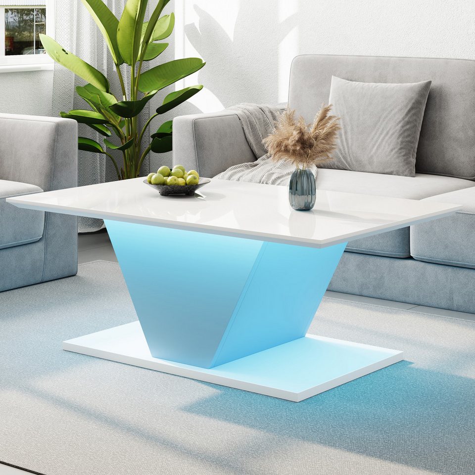 Merax sehpa V şekilli kanepe LED aydınlatmalı yan sehpa (1 adet), oturma odası masası Parlak yüzeyli Scandi sehpa, 100x50x46cm