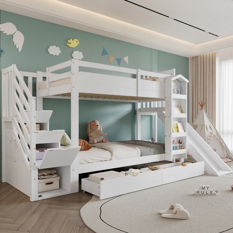 Merax ranza 90x200cm (çam ağacı genç yatağı ranzası çift kişilik yatak ev yatağı, 1 adet), resimli kitap rafı, kaydırak, depolama merdiveni ve 2 çekmeceli çocuk yatağı