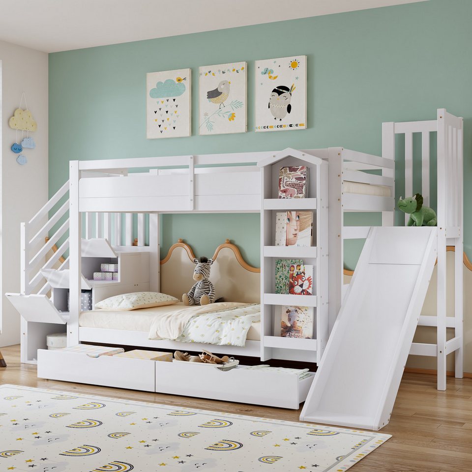 Merax ranza 90x200cm (çam ağacı genç yatağı ranzası çift kişilik yatak ev yatağı, 1 adet), resimli kitap rafı, kaydırak, depolama merdiveni ve 2 çekmeceli çocuk yatağı
