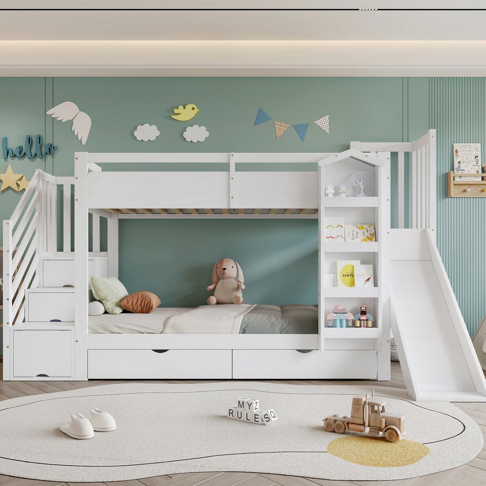 Merax ranza 90x200cm (çam ağacı genç yatağı ranzası çift kişilik yatak ev yatağı, 1 adet), resimli kitap rafı, kaydırak, depolama merdiveni ve 2 çekmeceli çocuk yatağı