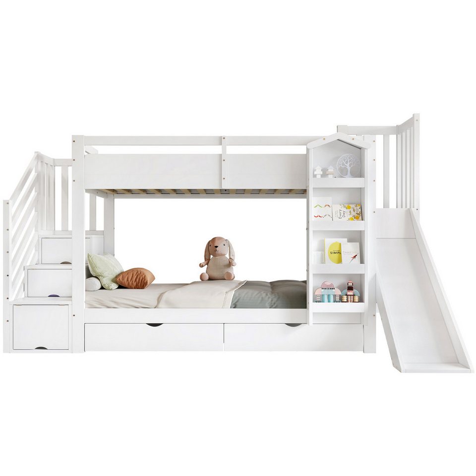 Merax ranza 90x200cm (çam ağacı genç yatağı ranzası çift kişilik yatak ev yatağı, 1 adet), resimli kitap rafı, kaydırak, depolama merdiveni ve 2 çekmeceli çocuk yatağı