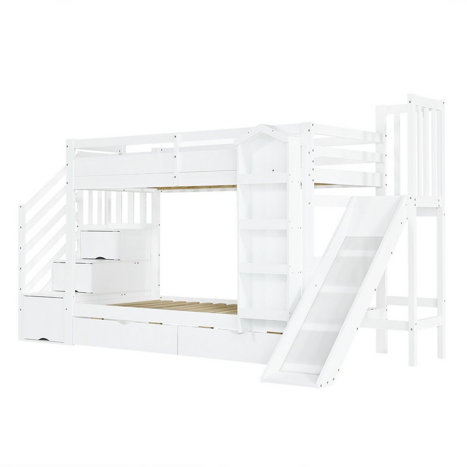 Merax ranza 90x200cm (çam ağacı genç yatağı ranzası çift kişilik yatak ev yatağı, 1 adet), resimli kitap rafı, kaydırak, depolama merdiveni ve 2 çekmeceli çocuk yatağı