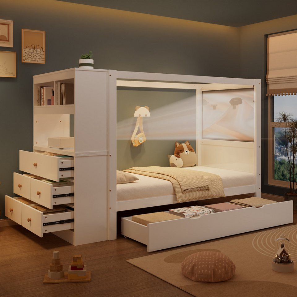 Merax çocuk yatağı 90x200cm ızgaralı ve saklama dolaplı (1 parça, tek kişilik yatak), 5 çekmeceli ve yatak altı çekmeceli masif ahşap genç yatağı ev yatağı