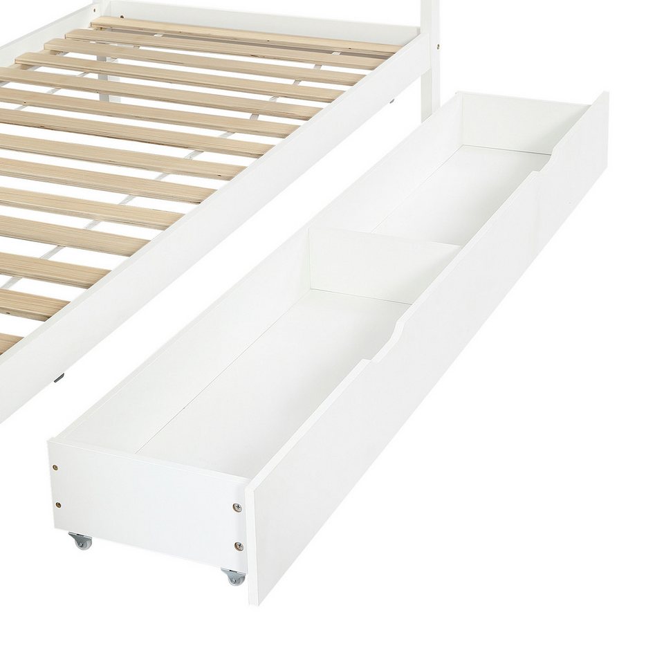 Merax çocuk yatağı 90x200cm ızgaralı ve saklama dolaplı (1 parça, tek kişilik yatak), 5 çekmeceli ve yatak altı çekmeceli masif ahşap genç yatağı ev yatağı