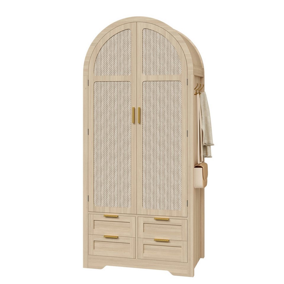 Merax kumaş kapaklı gardırop, çekmece ve elbise askısı (şifonyer, 1 parça, misafir ve soyunma odaları için) kavisli kapılı ve rattan ön gardırop, 80x50x179 cm