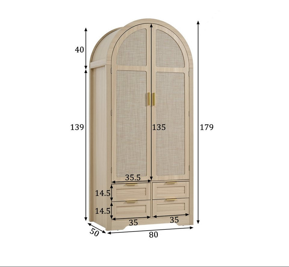 Merax kumaş kapaklı gardırop, çekmece ve elbise askısı (şifonyer, 1 parça, misafir ve soyunma odaları için) kavisli kapılı ve rattan ön gardırop, 80x50x179 cm