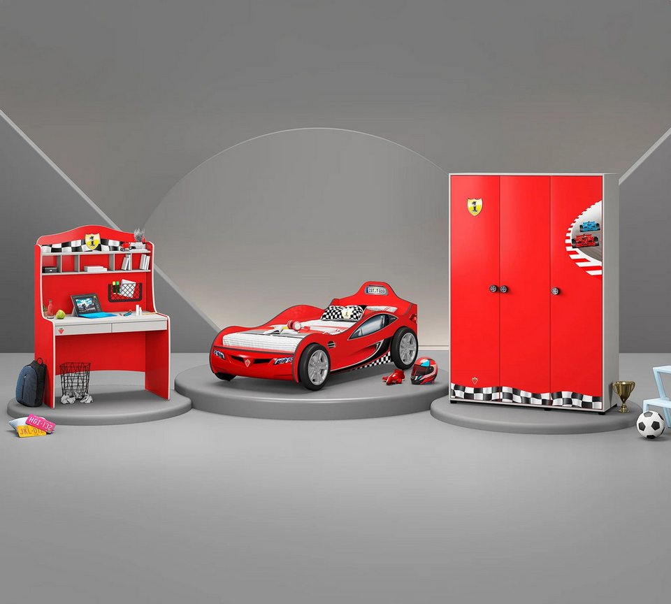 Möbel-Zeit genç odası takımı RACECUP çocuk odası, 3 parça. Araç yataklı dolaplı çalışma masası