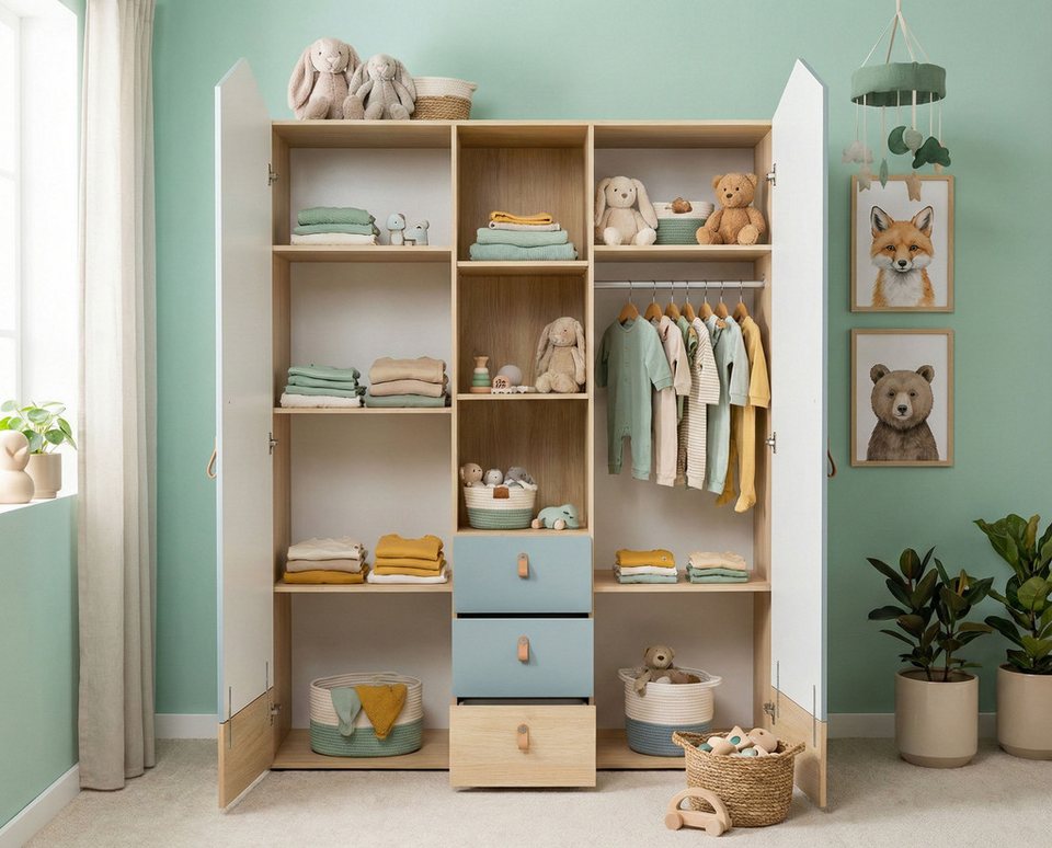 OTTO home Hennix gardırop, yavaş kapanan İskandinav sivri çatı tasarımı, bol miktarda saklama alanı (Y/G/D yaklaşık 200/150/51cm) 3 çekmece, Almanya'da üretilmiştir, değişken raflar