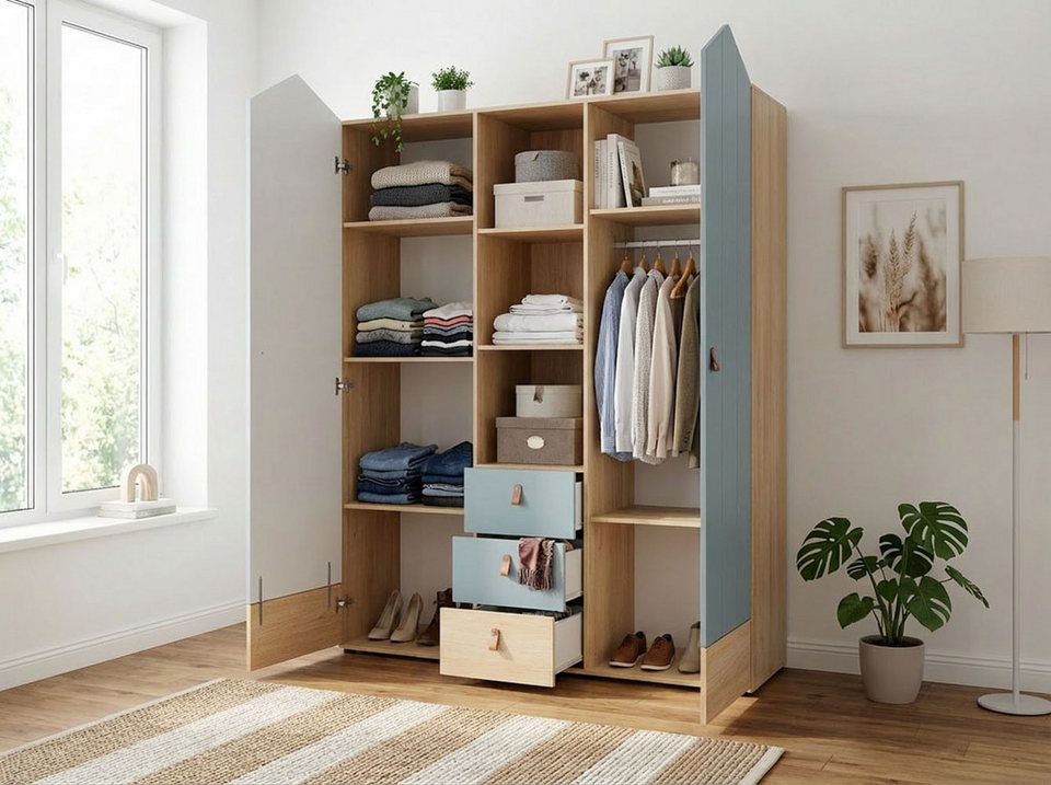 OTTO home Hennix gardırop, yavaş kapanan İskandinav sivri çatı tasarımı, bol miktarda saklama alanı (Y/G/D yaklaşık 200/150/51cm) 3 çekmece, Almanya'da üretilmiştir, değişken raflar
