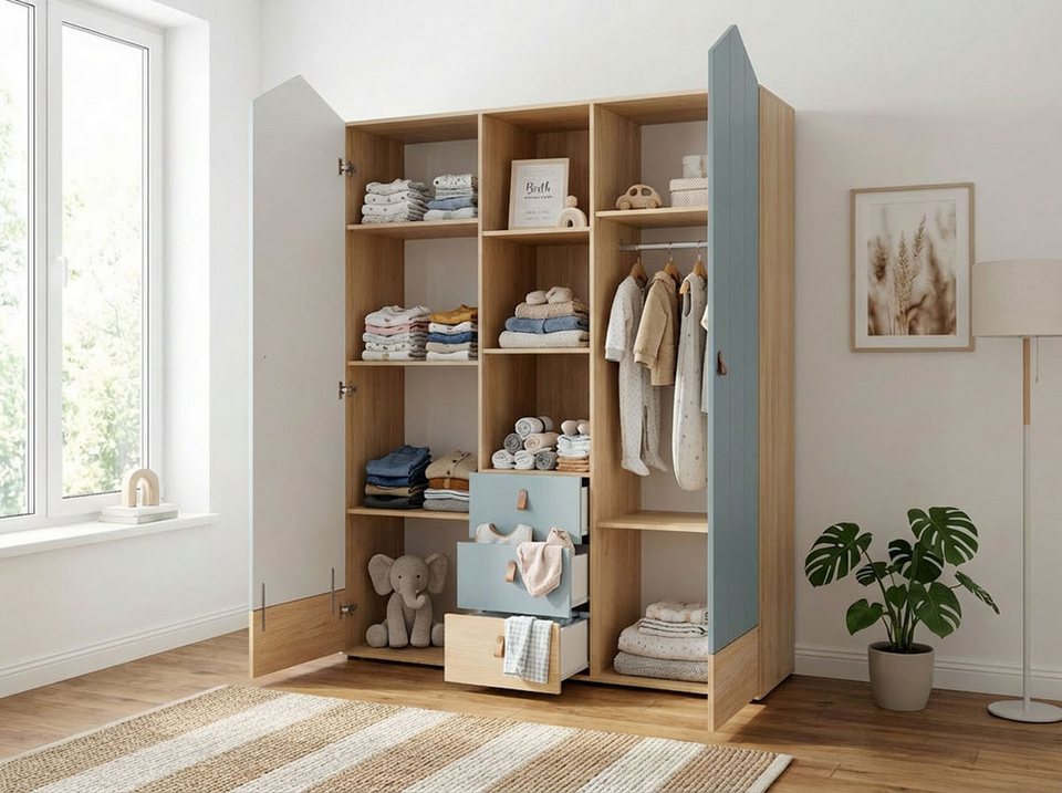 OTTO home Hennix gardırop, yavaş kapanan İskandinav sivri çatı tasarımı, bol miktarda saklama alanı (Y/G/D yaklaşık 200/150/51cm) 3 çekmece, Almanya'da üretilmiştir, değişken raflar