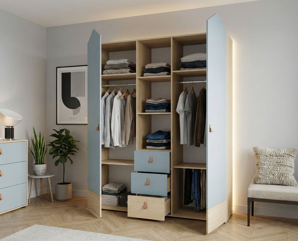 OTTO home Hennix gardırop, yavaş kapanan İskandinav sivri çatı tasarımı, bol miktarda saklama alanı (Y/G/D yaklaşık 200/150/51cm) 3 çekmece, Almanya'da üretilmiştir, değişken raflar