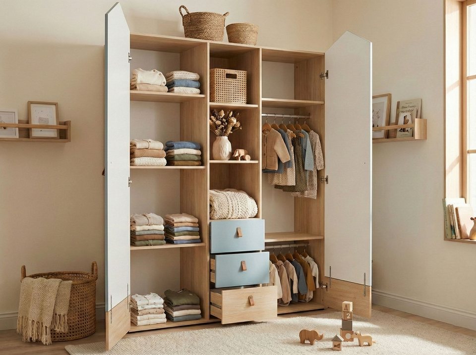 OTTO home Hennix gardırop, yavaş kapanan İskandinav sivri çatı tasarımı, bol miktarda saklama alanı (Y/G/D yaklaşık 200/150/51cm) 3 çekmece, Almanya'da üretilmiştir, değişken raflar