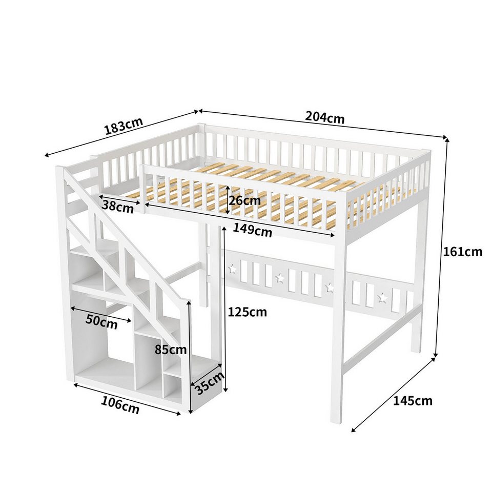 PXloue yüksek yatak 90/140 x 200 saklama alanı yatağı çocuk yatağı (LED ışık şeridi olmadan) merdivenli ahşap yatak, düşmeye karşı koruma, dinlenme alanı, 140x200 cm