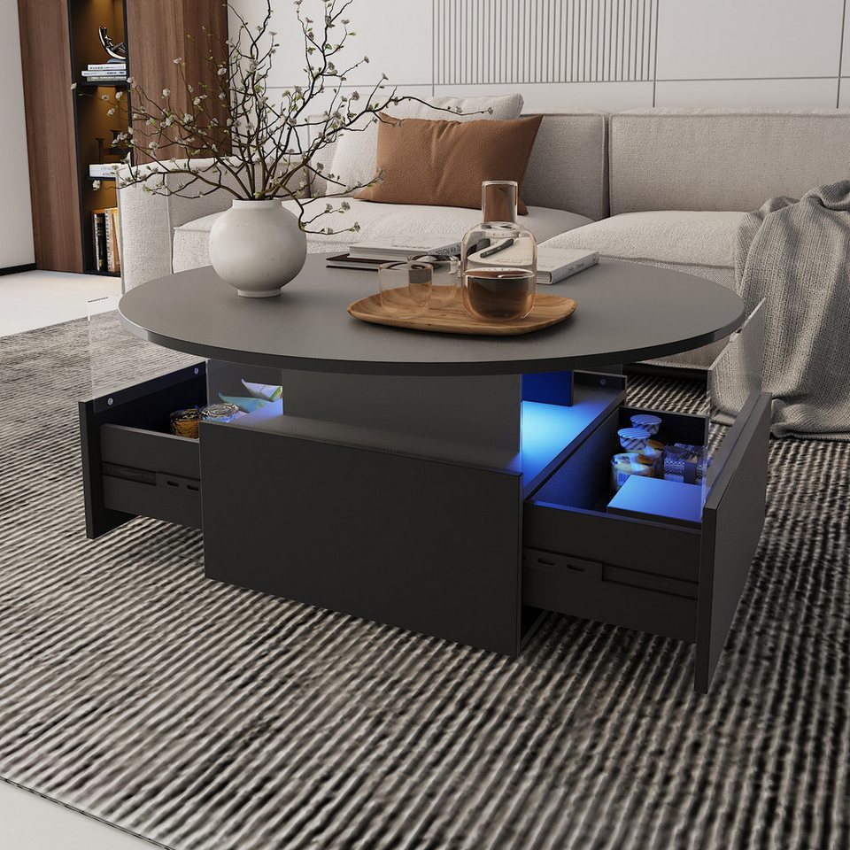 LED aydınlatmalı ve 2 çekmeceli radelldar sehpa, oturma odası masası 80x40cm (1 adet), yuvarlak tablalı yan sehpa ve ekstra sergileme alanı